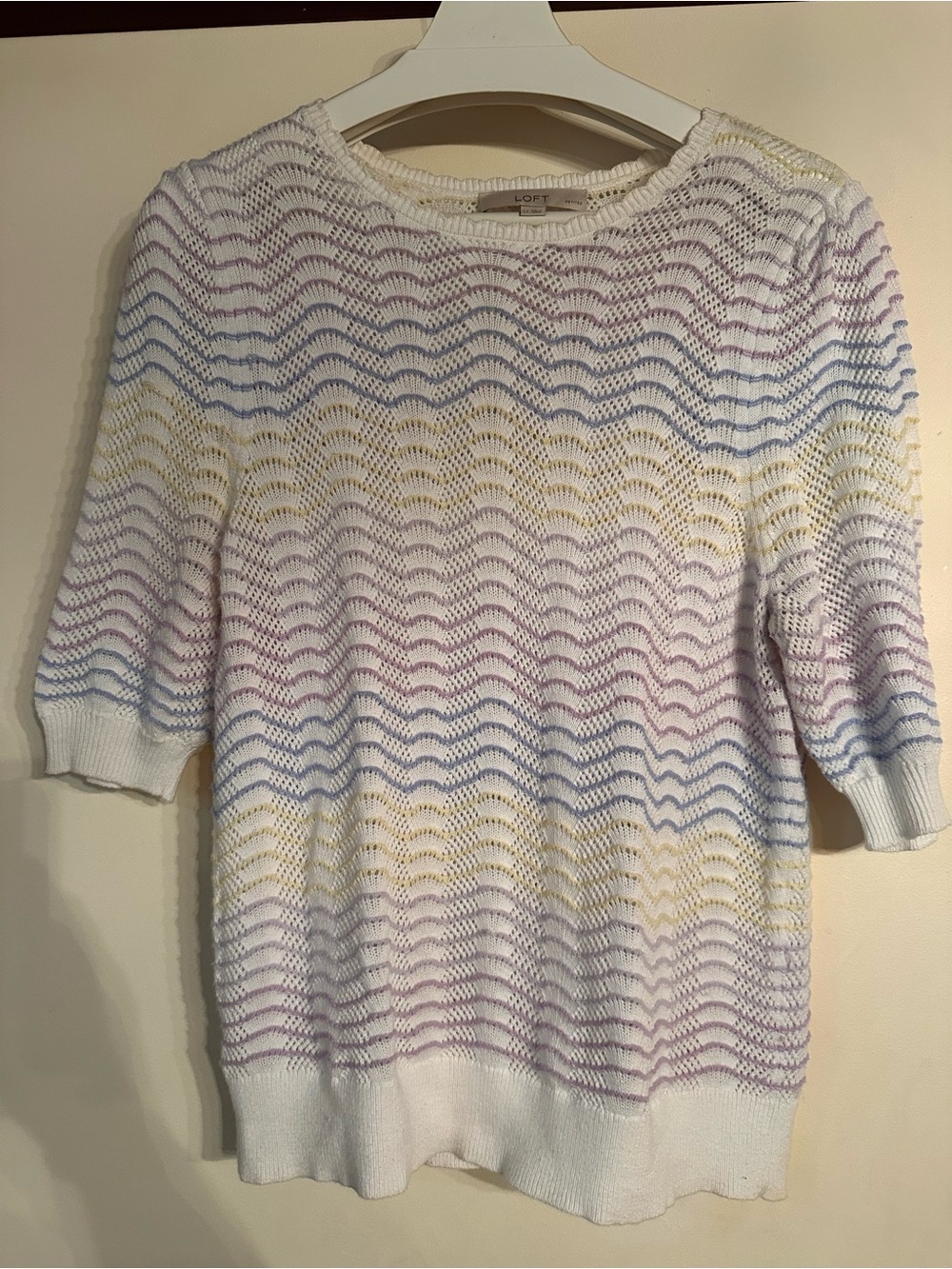 LOFT White Open-Knit Pastel Stripe Sweater / size LP